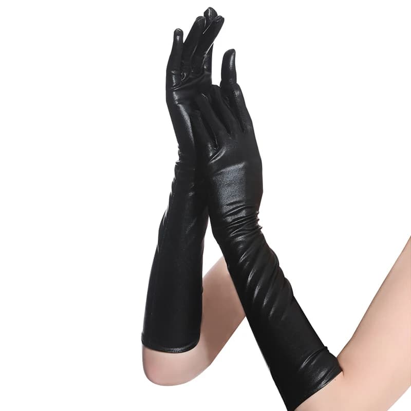 Guanti metallici in finta pelle argento oro da donna guanti da sera per feste da donna Sexy lunghezza del gomito lungo in lattice per le mani