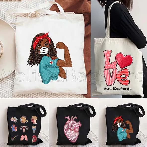 Carino infermiera medica stetoscopio floreale regali infermieristici borsa a tracolla in tela da donna borsa per la spesa riutilizzabile Harajuku Shopper