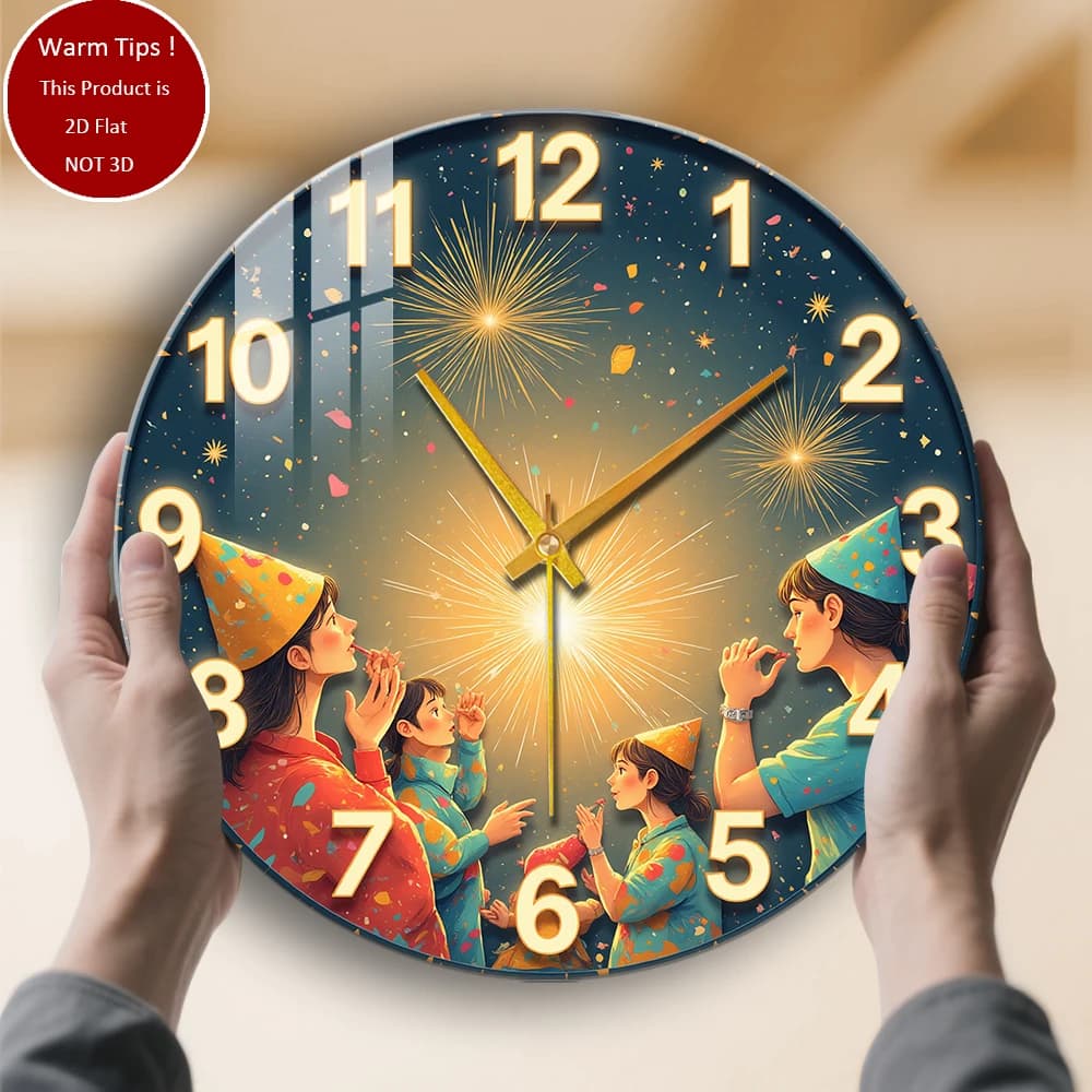 Tempered glass wall clock Watch with fireworks Family celebration suitable for wall decorations or table displays everywhere