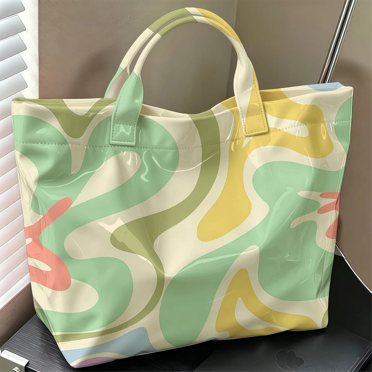 Pastel Curves Hot Sale Large Glossy PVC Tote Bag Hand Washable Waterproof Great for Travel Commute Makeup Storage Handbags