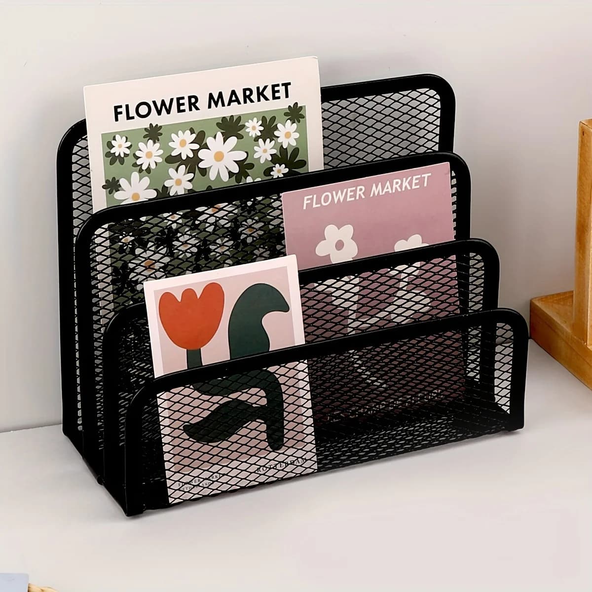 Multifunctional Office Desk Organizer Set - Metal Mesh File Rack, Letter Holder, Multi-Tier Bookshelf, Envelope and Card Stand