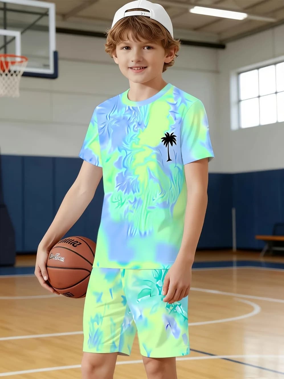 Set per bambini con stampa foglie di cocco, 2 pezzi, pantaloncini a maniche corte, set per bambini, stile estivo per vacanze al mare, abbigliamento per ragazzi