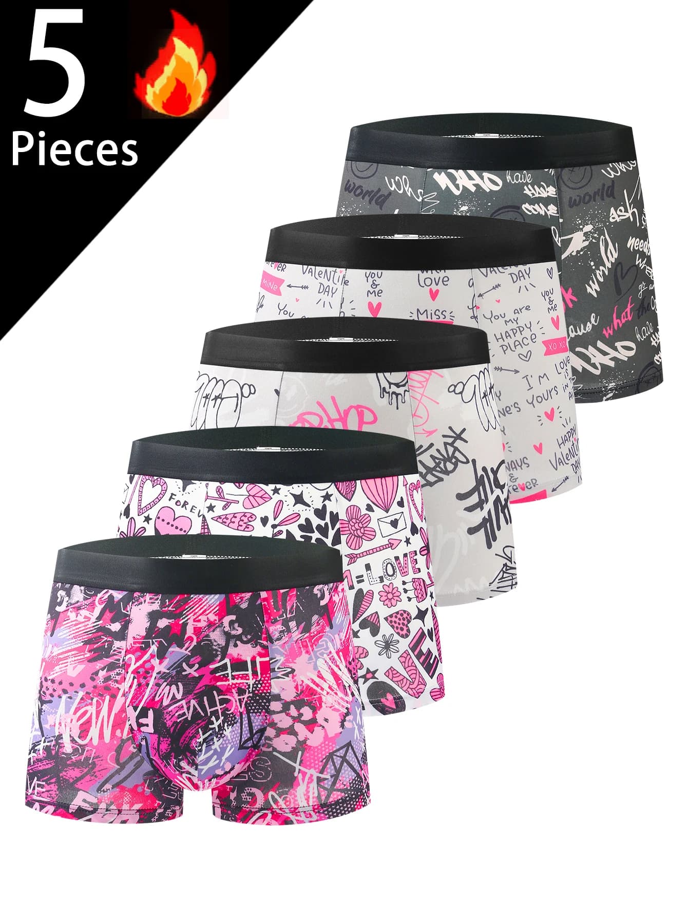 Confezione da 5 boxer da uomo, San Valentino, amore alla moda, boxer da uomo con stampa graffiti