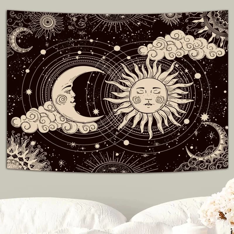 VIKAMA Sun and Moon Tapestry, Black and White Celestial Boho Print Wall Hanging for Bedroom Dorm Living Room Home Decor
