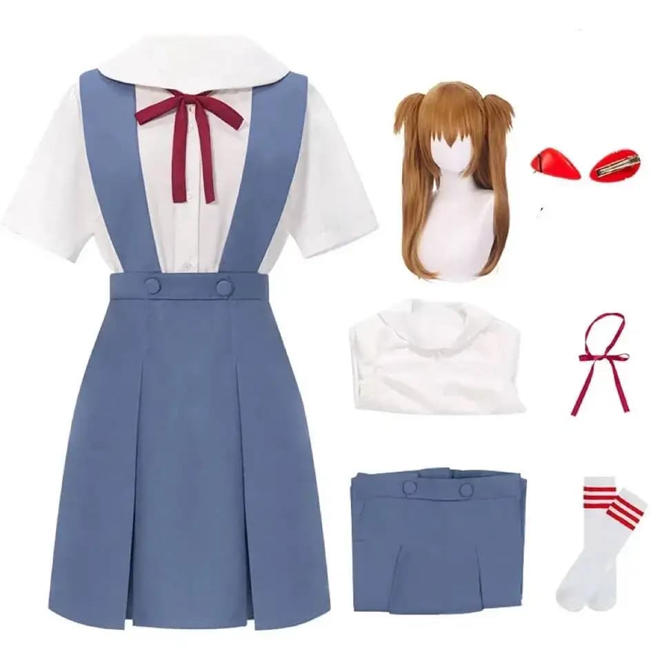Costume Rei Ayanami, Cosplay Asuka Langley Soryu, Uniforme Scolastica Femminile, Vestiti, Parrucca, Fermagli per Capelli, Abbigliamento Loli per Halloween