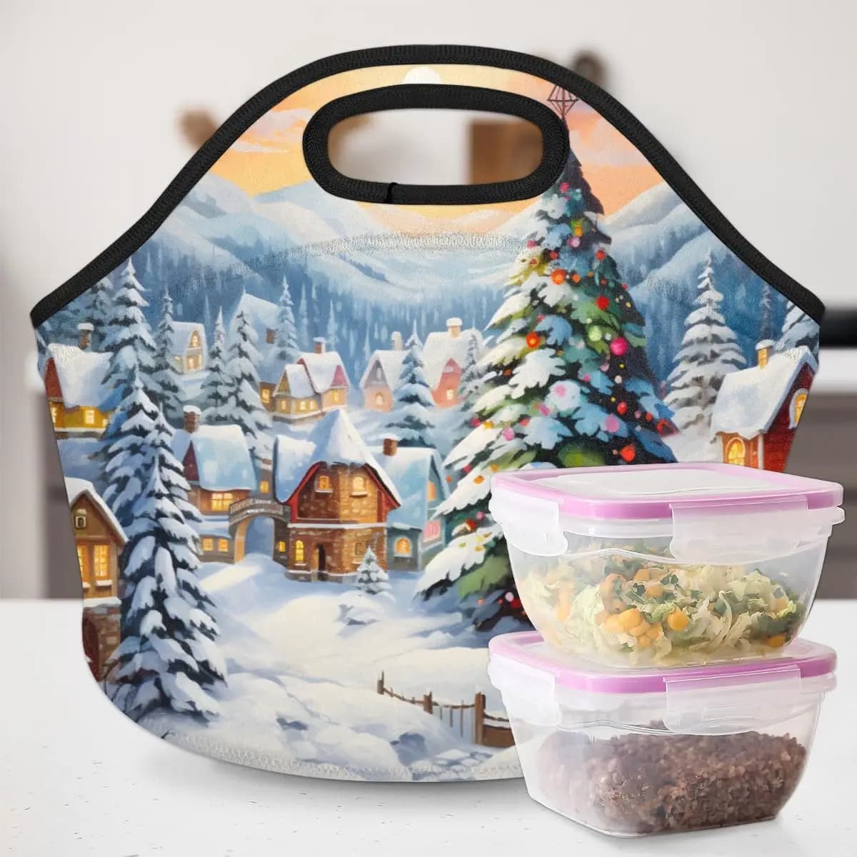 Borsa per il pranzo isolata in neoprene Christmas Snow Town per le donne, contenitore per il pranzo riutilizzabile lavabile, borse leggere per la preparazione dei pasti