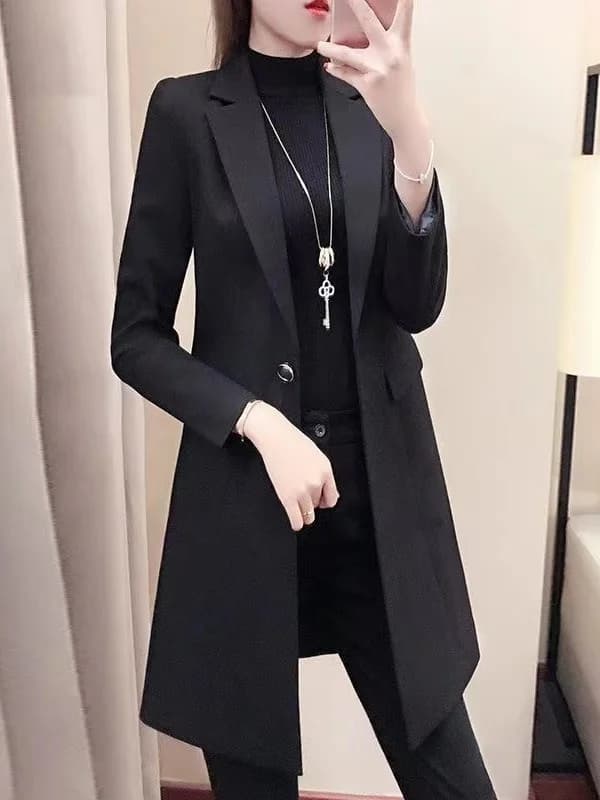 Elegant Black Slim Fit Long Single Button Suit Jacket for Middle-Aged And Elderly Women Korean Style Commute High Waist