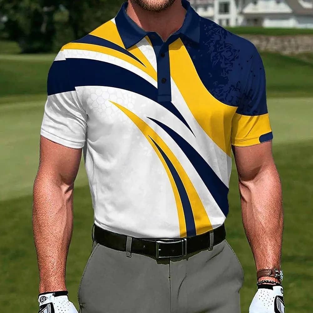 Men's Navy Yellow White Abstract Stripe Print Polo Shirt, Casual Tops For Spring Summer Golf Sports Daily Streetwear Wear