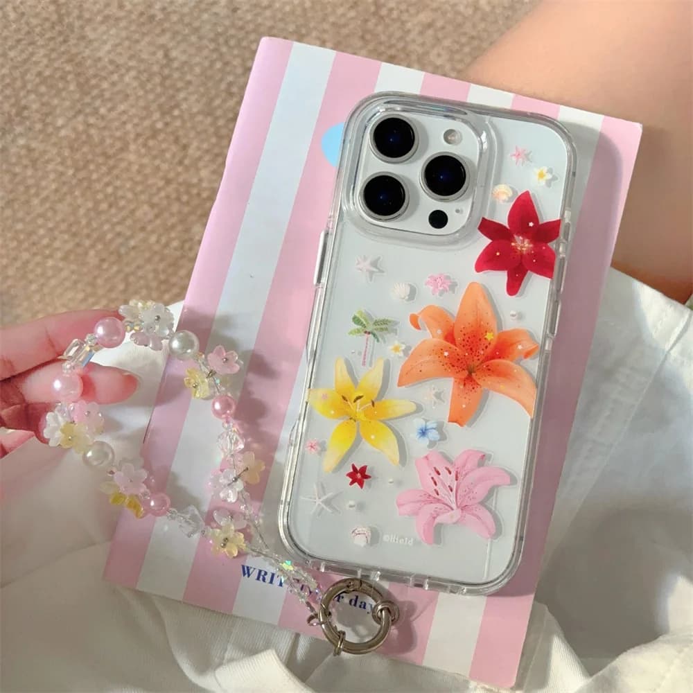 Custodia per telefono coreana con fiore adorabile per iPhone 16 Pro 15 14 Pro Max Cover con catena Custodie floreali carine 15pro Custodia di moda di lusso