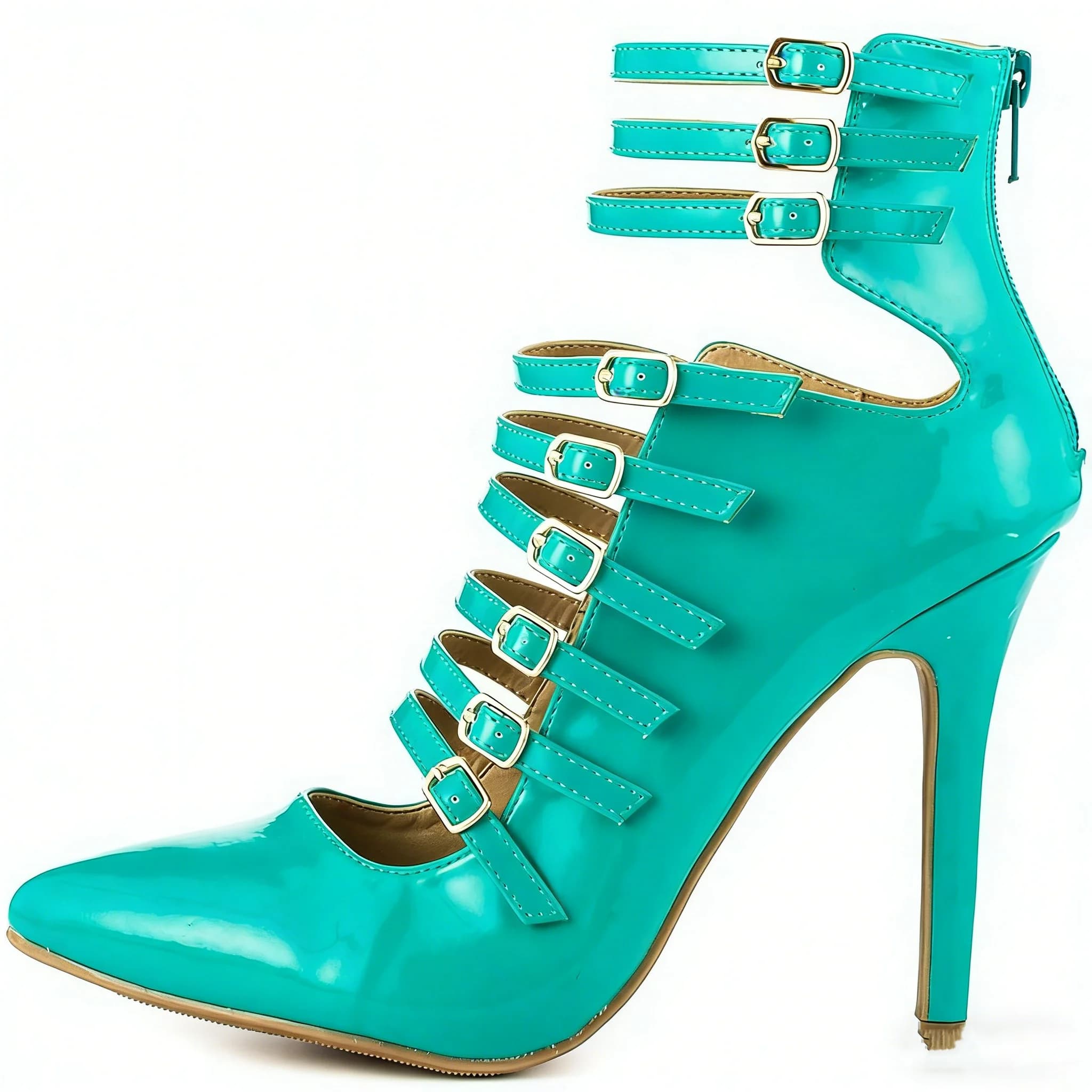 Patchwork Romen Style Belt Buckle Pointed Toe Ankle Women Sandals Stiletto High Heels Back Zipper Design Large Size Shoes
