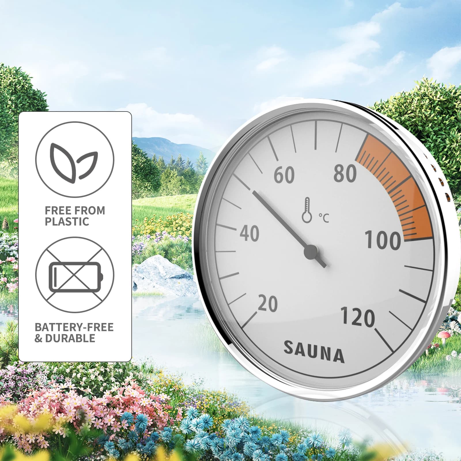 Thermometer and Hygrometer for Sauna 0-120 ° C / 0-100% RH, No Battery, Wall Mounting, Aluminum Frame for Sauna Interior and Exterior