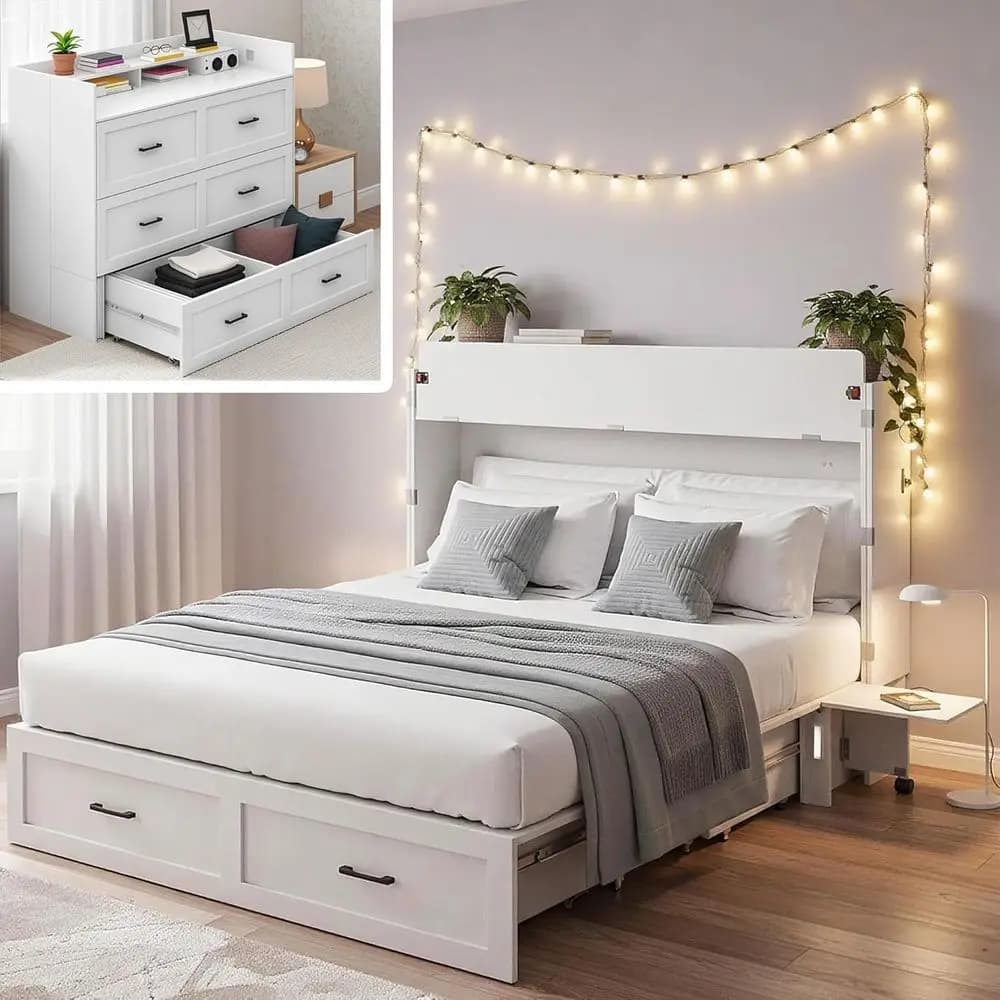 Letto a scomparsa Murphy con contenitore e stazione di ricarica, letto a scomparsa matrimoniale con luci a sensore di movimento per camera da letto/Gt R