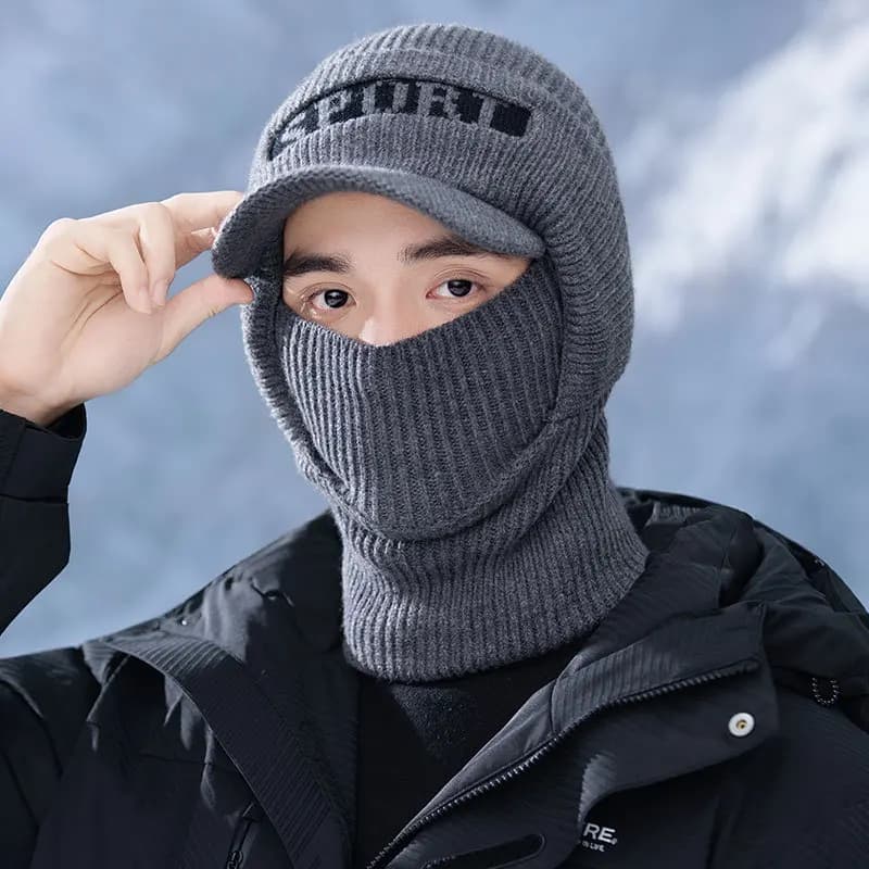 Cappello invernale a cuffia lavorato a maglia foderato in velluto da uomo con colletto, berretto sportivo da ciclismo all'aperto per uomo nero/grigio Un pezzo Nuovo Mantieni caldo