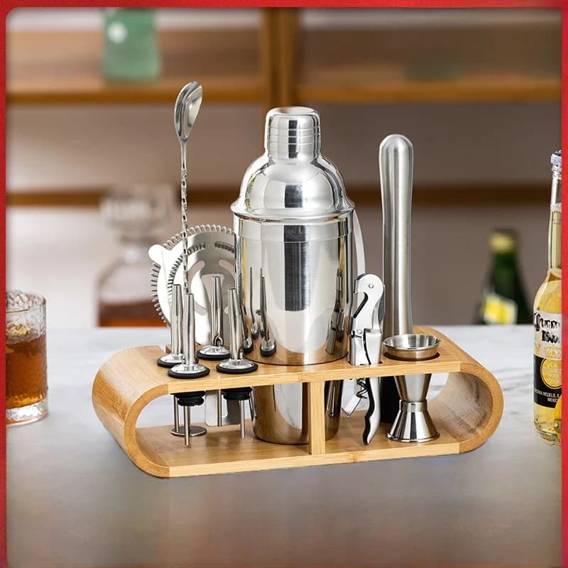 Stainless Steel Cocktail Shaker Set with Wooden Stand Two-Piece Bar Tool for Mixing Drinks EVA Inner Material Summer Shoe