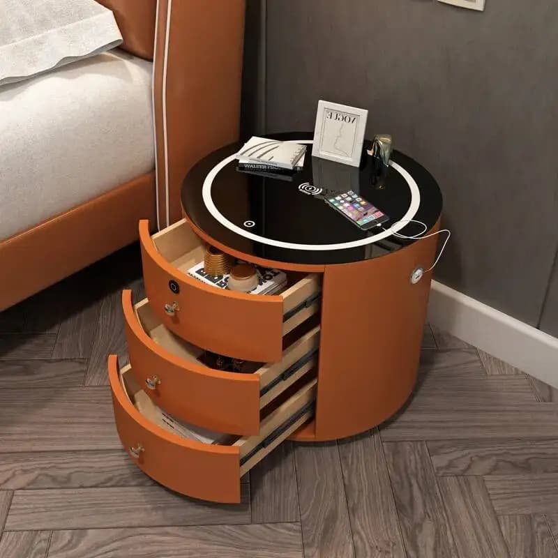 Comodini Multifunzionali Moderni Rotondi e Carini con Caricatore Wireless e Serratura, Tavolino da Notte in Stile Nordico per la Casa