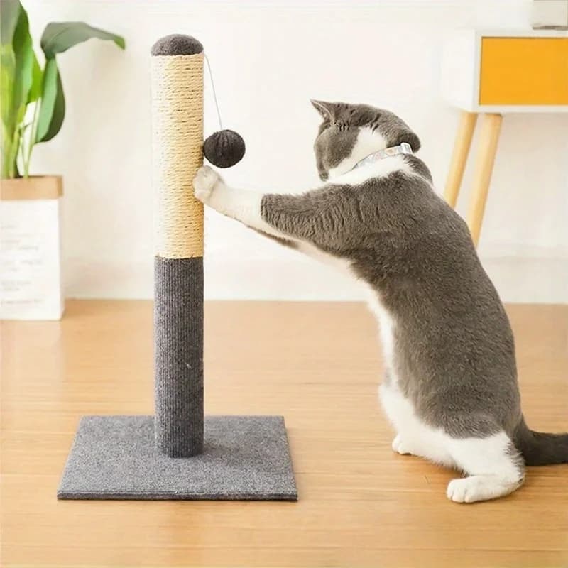 Gray Natural Sisal Cat Scratching Post with Toy Ball Velvet Base Suitable for Adult And Kitten Indoor Cats Interactive Pet Toys