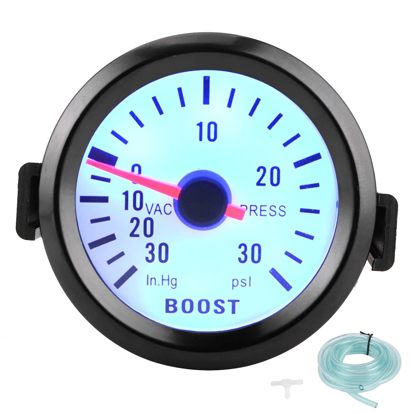 Universal Boost Pointer Gauge Vacuum Pressure Meter 0‑30PSI 12V Blue LED Dial 52mm Dia for Cars Motors