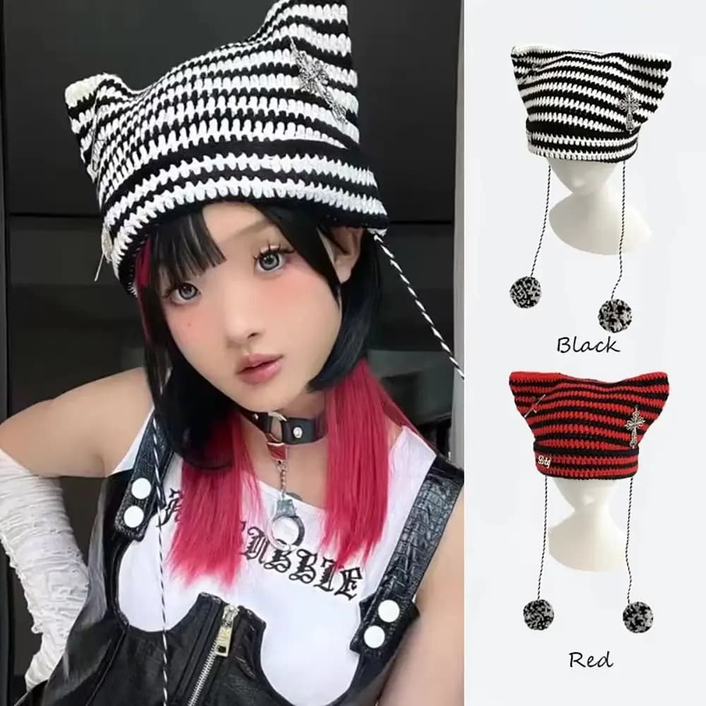 Y2K Beanie Hat Ins Devil Ear Striped Knitted Wool Cap Autumn Winter Hip-hop Crochet Cute Cat Ears Pointed Pullover Women's Hats