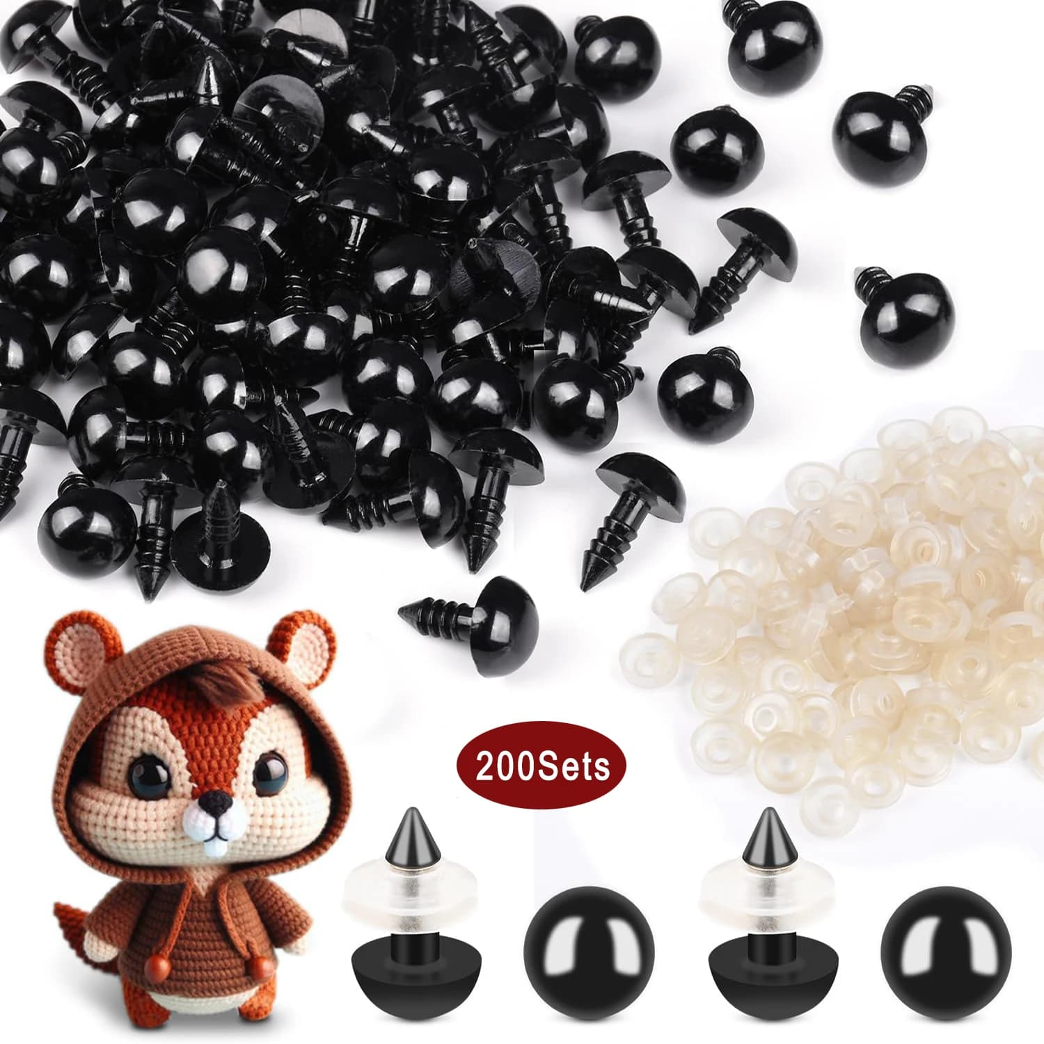 200 set di occhi di sicurezza da 8 mm per animali di peluche amigurumi all'uncinetto, occhi artigianali in plastica con rondelle per realizzare occhi di bambole all'uncinetto