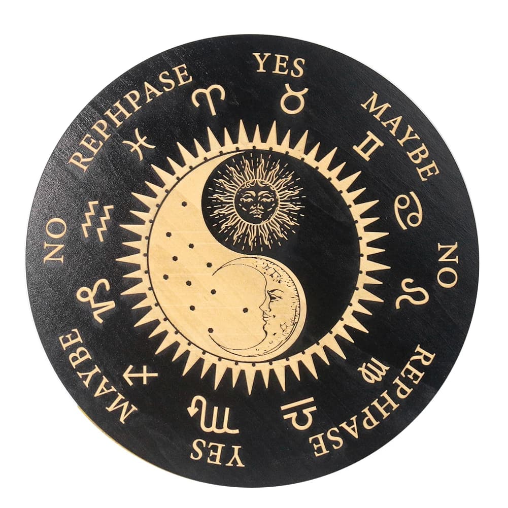 Pendolo Spirituale Rotondo in Legno da 20 cm, Espositore Decorativo con Tavola Nera, Taoismo Yin Yang Tai Chi Sole Luna 12 Segni Zodiacali, Accessori per Gioielli