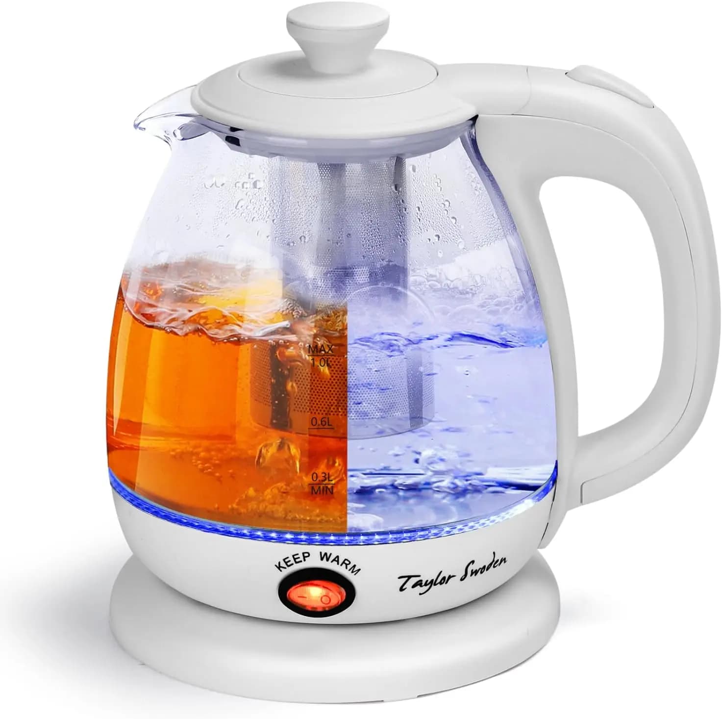 1 liter electric kettle with hot retains, LED light, automatic shutdown and protection against dry boiling, white without BPA