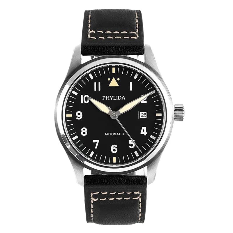 Orologio automatico da pilota Spitfire PHYLIDA da 42 mm – Quadrante nero, vetro zaffiro a cupola, movimento MIYOTA, cinturino in vera pelle