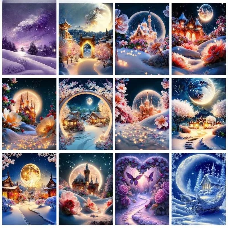 Pittura Diamantata 5D Fai da Te, Paesaggio Lunare, Ricamo a Punto Croce Rotondo/Quadrato, Decorazione Mosaico con Strass, Senza Cornice