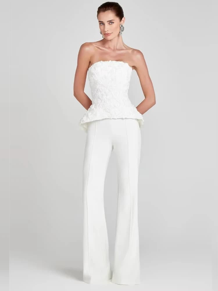 2025 Women Winter Sexy Strapless Flower White Two Pieces Pants Bandage Set Celebrity Designer Fashion Women's Set