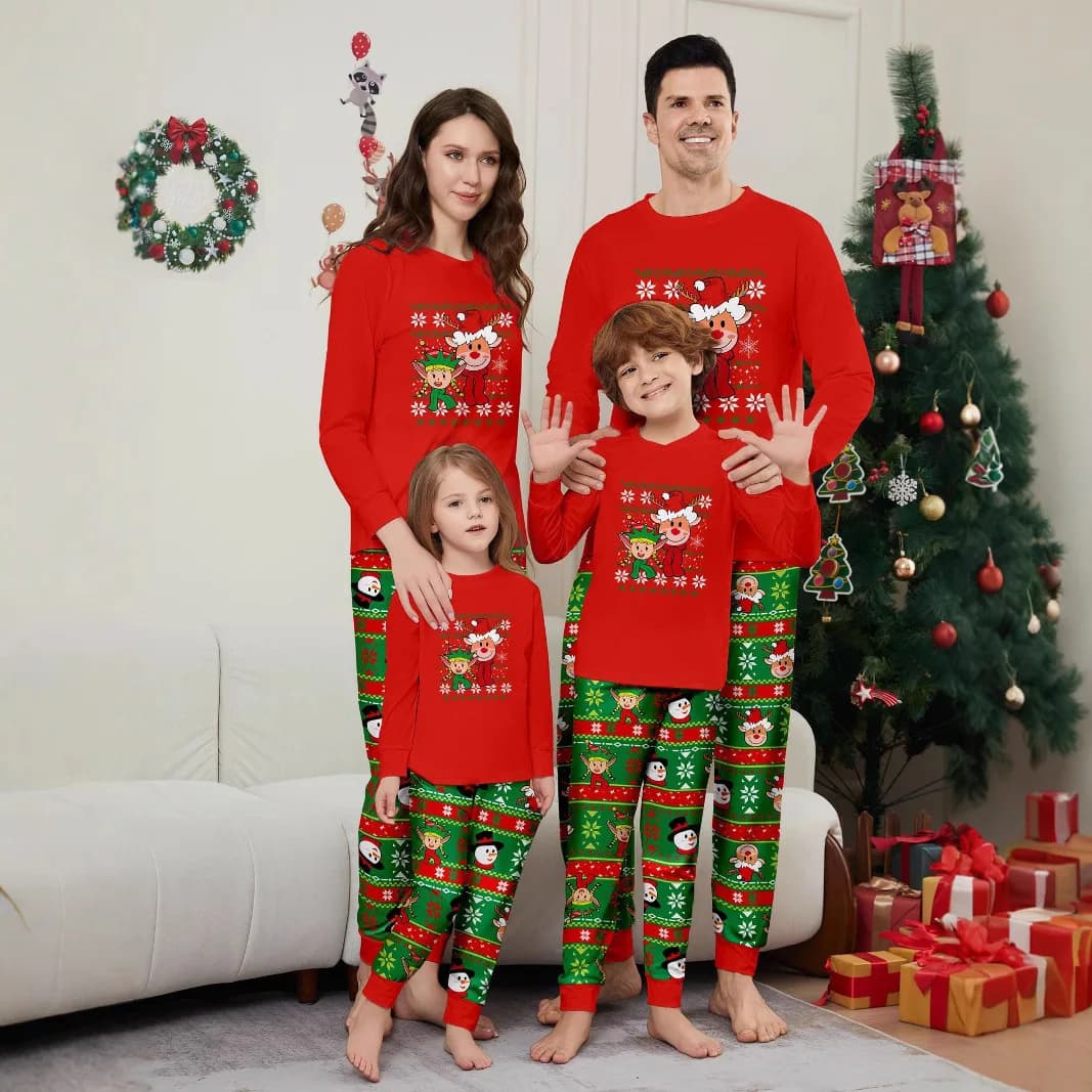 Pigiama natalizio per la famiglia Abiti coordinati Capodanno Plaid rosso stampato 2 pezzi Pigiama Pantaloni Stampa Abbigliamento natalizio per bambini adulti