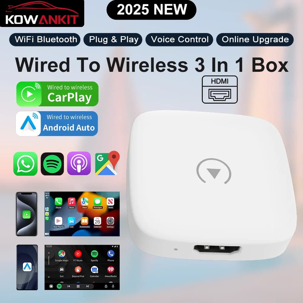 Adattatore wireless CarPlay 3 in 1 Dongle wireless Android Auto per Bluetooth HDMI Plug & Play Smart Mini AI Box KowanKit 2026
