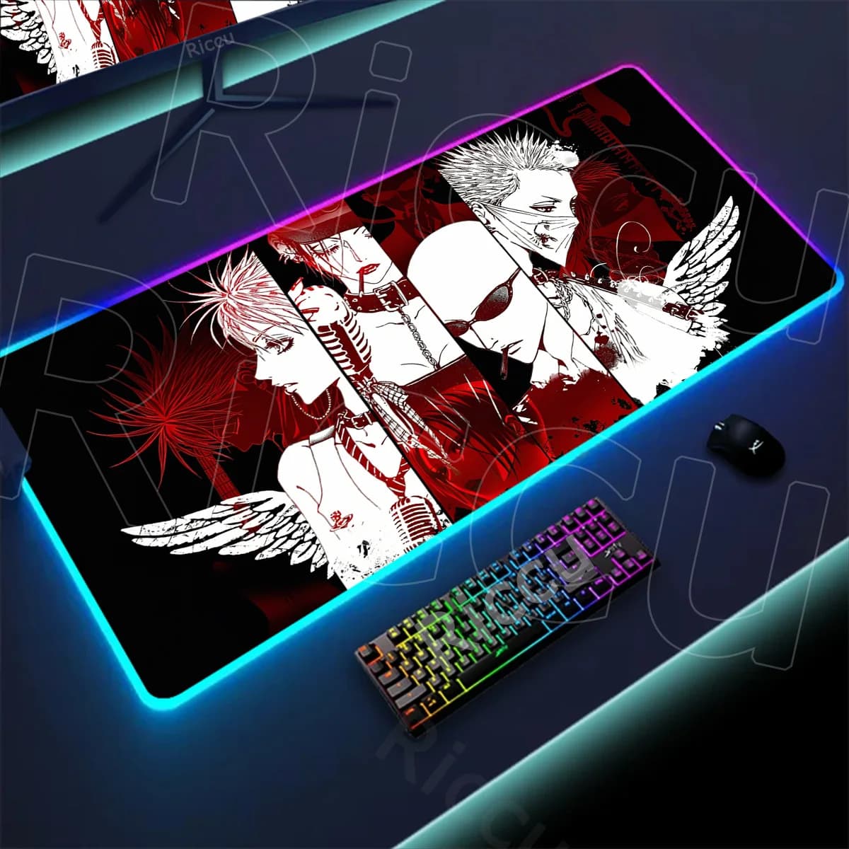 Tappetino per Mouse XXL con Stampa HD Anime, Tappeto da Scrivania LED Nana Osaki, Accessori Gaming Retroilluminati RGB, Tappetino per Tastiera Computer Black Stones