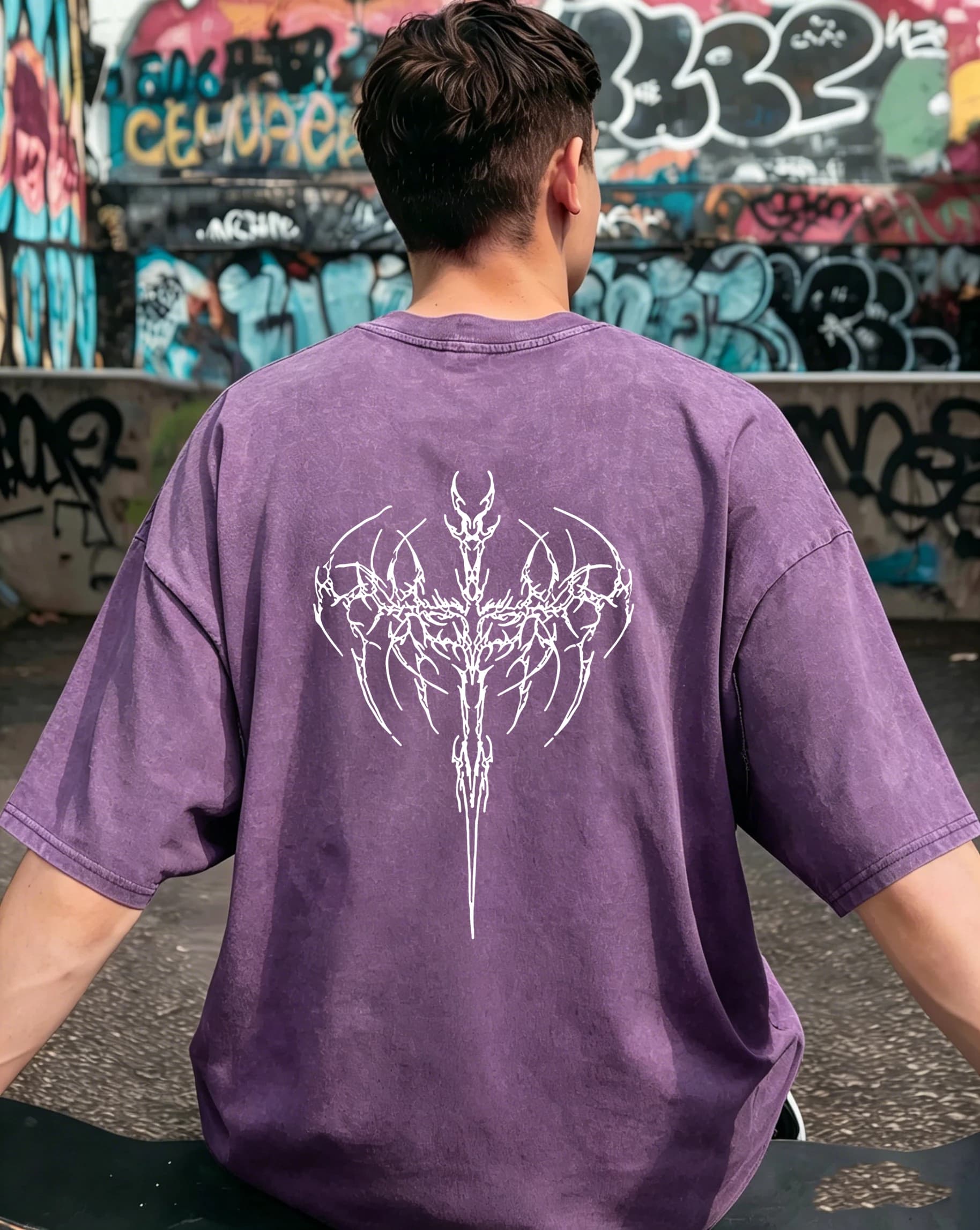 T-shirt da uomo girocollo in stile dark con stampa spine, casual estivo, lavato, morbido e semplice, per giovani sportivi