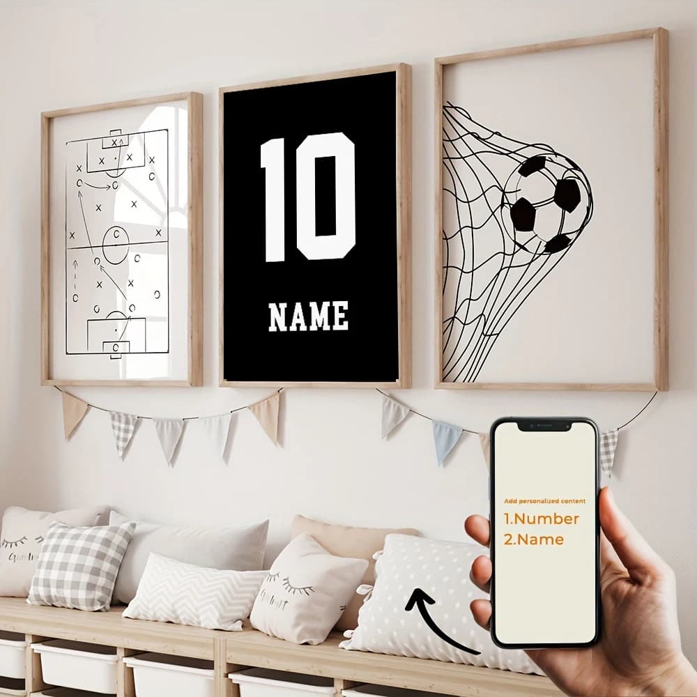 Set of 3 Prints on Custom Canvas with Name and Number of Football Player, Design in Black and White, Wall Posters for Modern Furniture