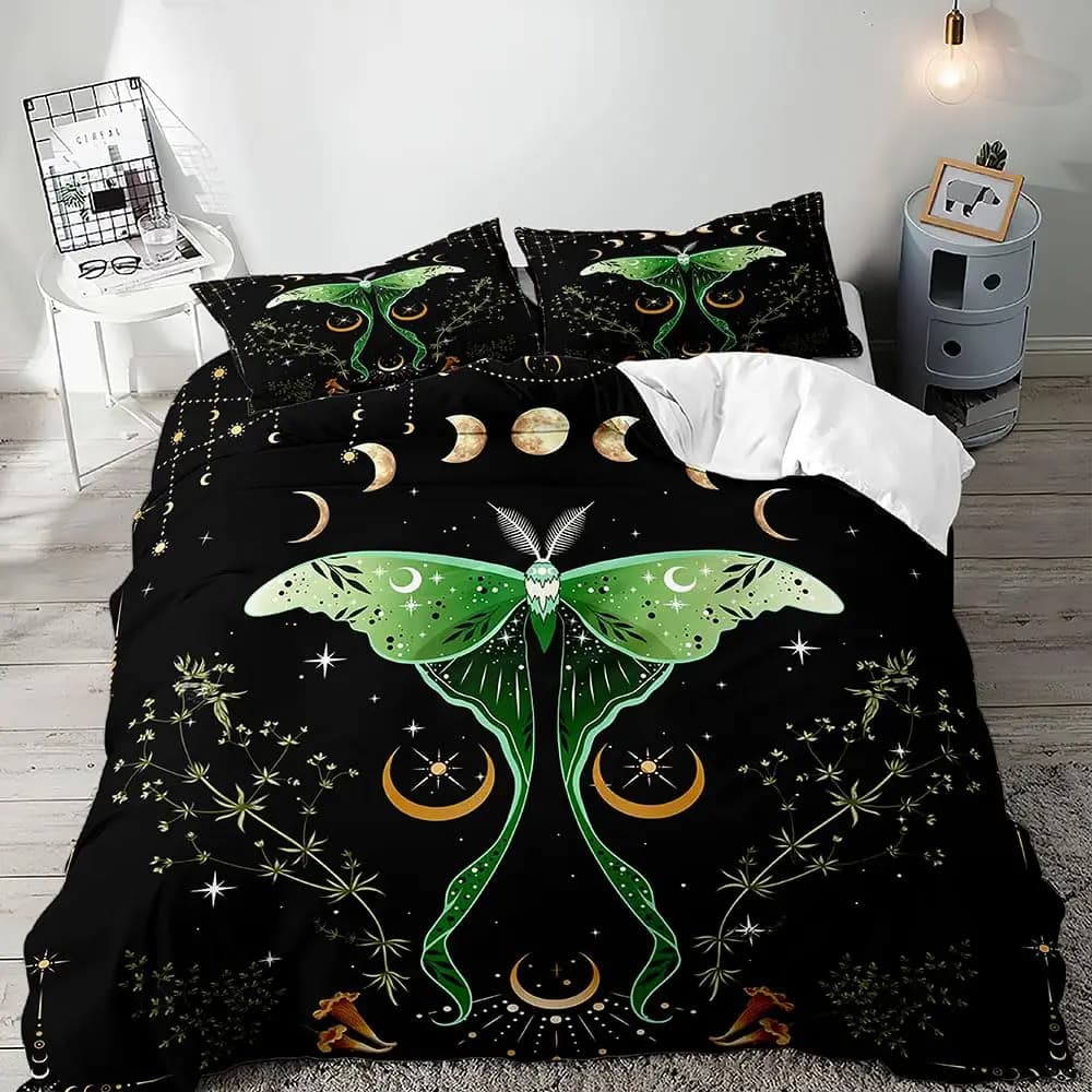 Blue Gothic Moth Duvet Cover Set Bohemian Trippy Mushroom Bedding Sets Ultra Soft Lightweight Microfiber Queen Duvet Cover Set