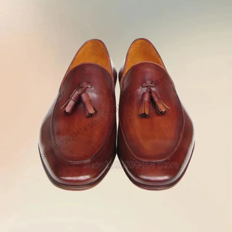 Brown Tassels Decor Gradient Color Penny Loafers Fashion Slip On Men Shoes Luxurious Handmade Party Feast Office Men Dress Shoes