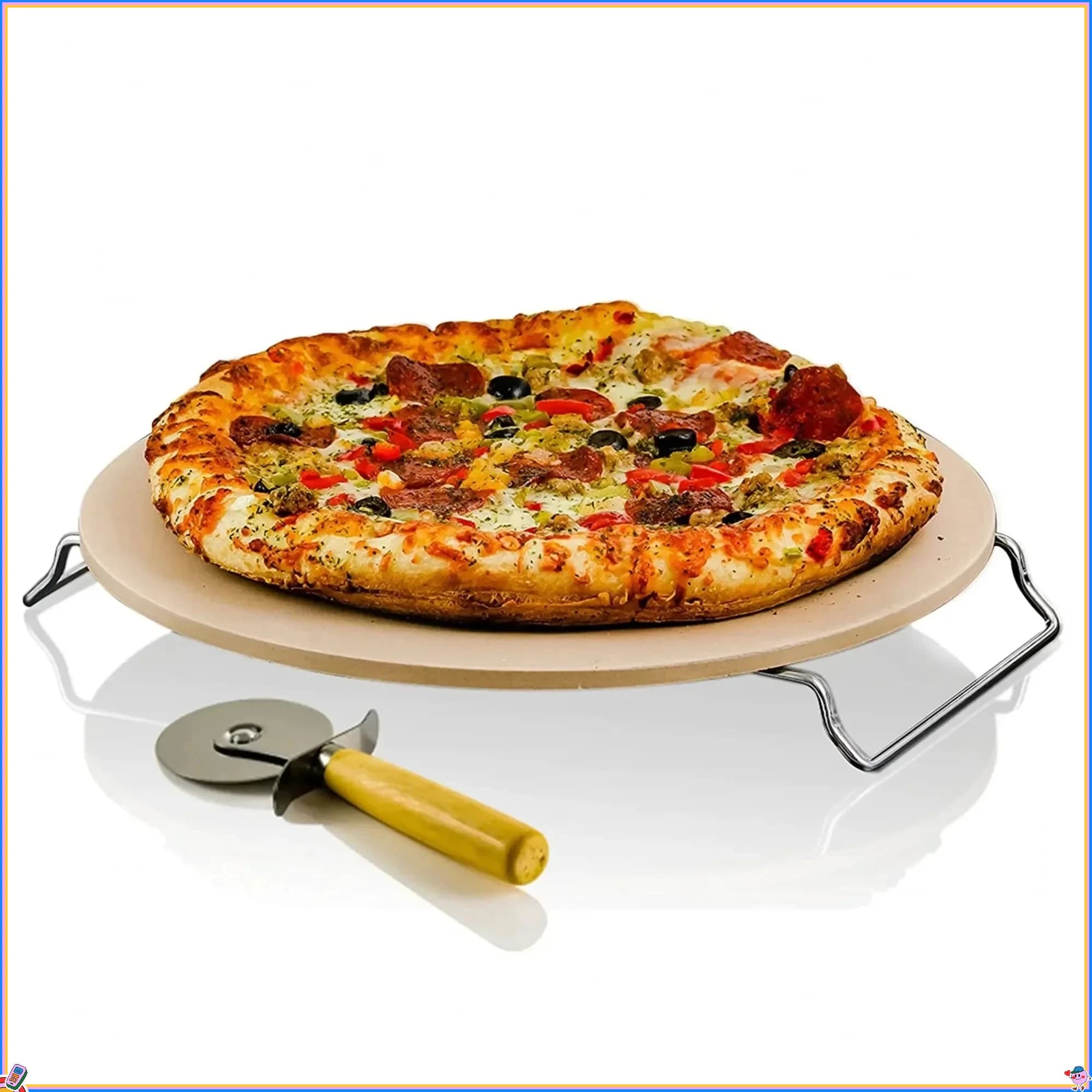 Set di pietre per pizza in ceramica da 13 pollici con taglierina e manico, resistente agli urti termici, beige, calore uniforme