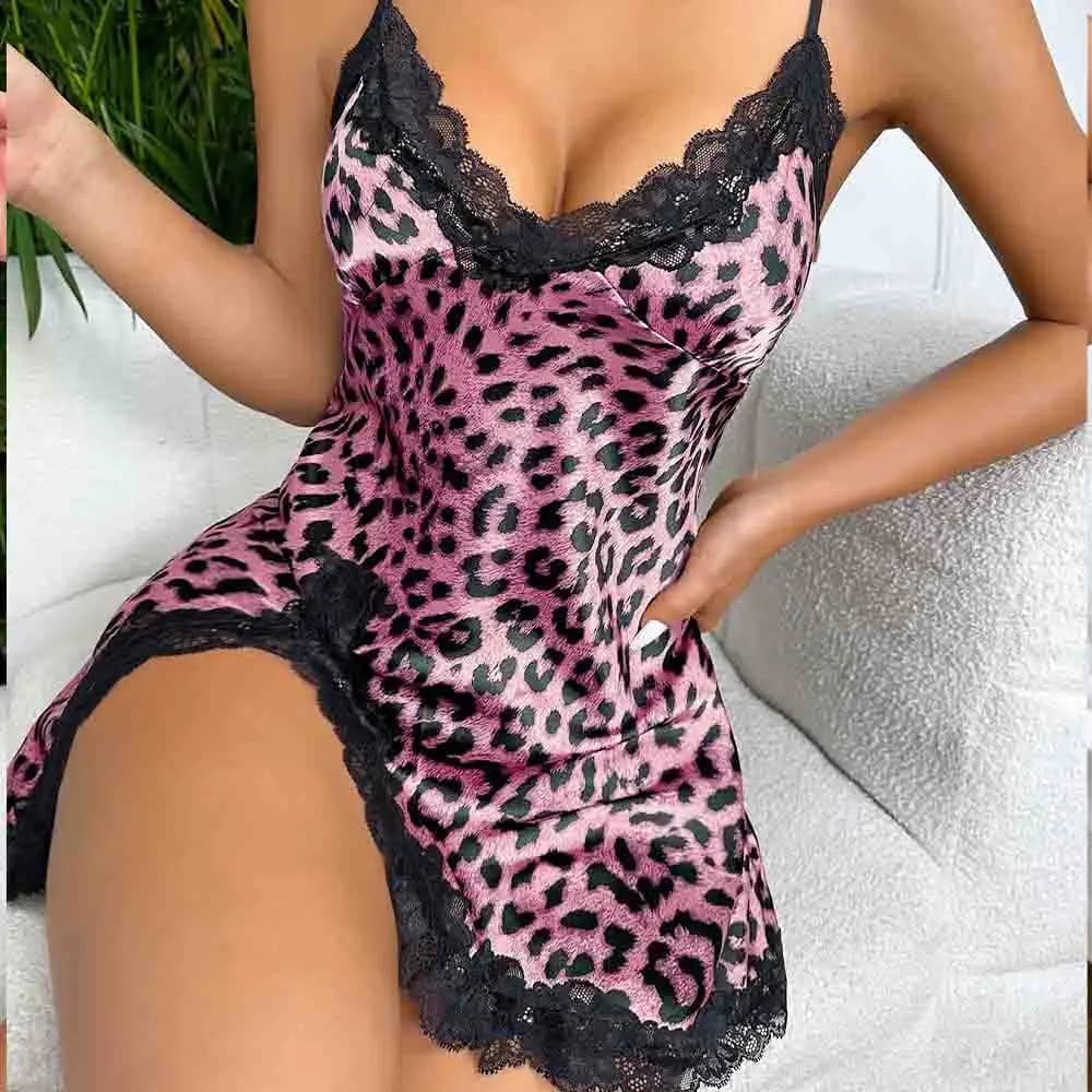 Women's Ice Silk Pajamas Summer Breathable Thin Skirt Home Wear Comfortable and Elegant Vest Skirt Sexy Leopard Print Pajamas