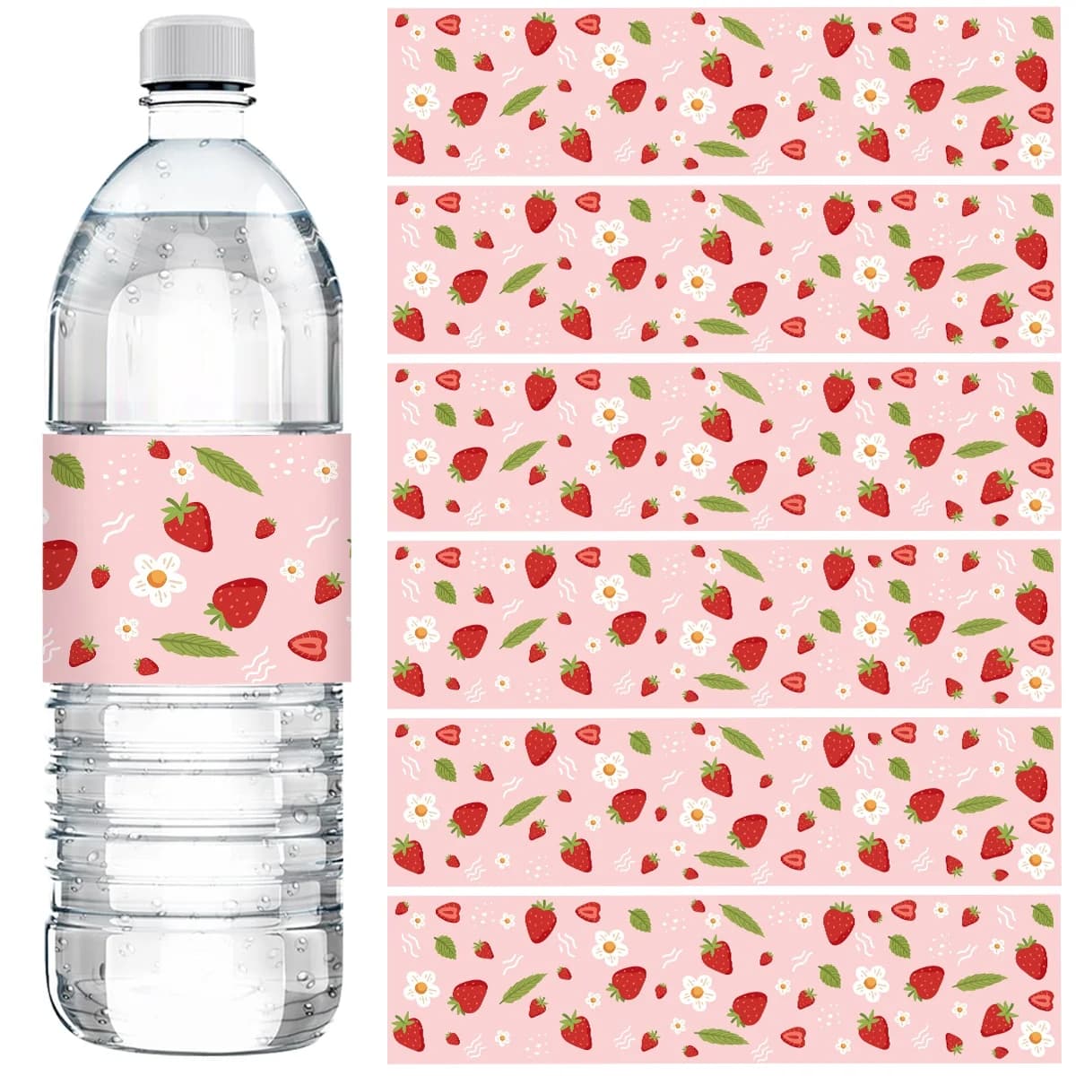 10 strawberry water bottles labels, pink themed stickers, birthday party decorations for children, girls, baby shower, wedding party supplies