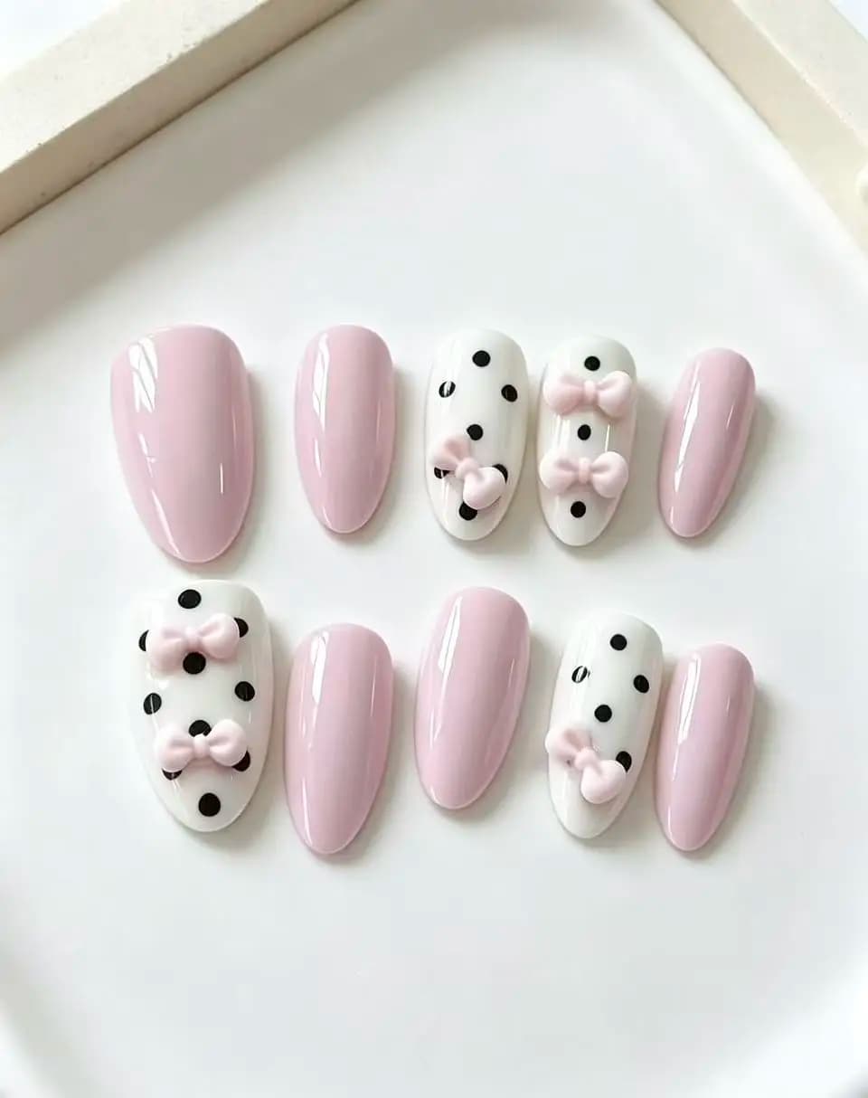 10-Piece Set of Pink and White Polka Dot Bowknot Press-On Nails, Suitable for Daily Campus Wear, Jk Outfits, Picnics, Afternoon Tea Dates, Korean-Style Girl Photoshoots, and Lolita Soft Girl Styles.
