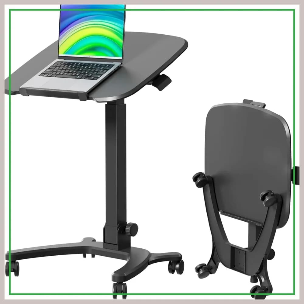 Scrivania mobile pieghevole, carrello portatile per laptop da 27"x21" con rotelle e inclinazione a 90° ° Tavolo Inclinabile, Postazione di Lavoro Mobile Regolabile in Altezza con Ruote, Tavolo Pieghevole per Ufficio Domestico, Nero
