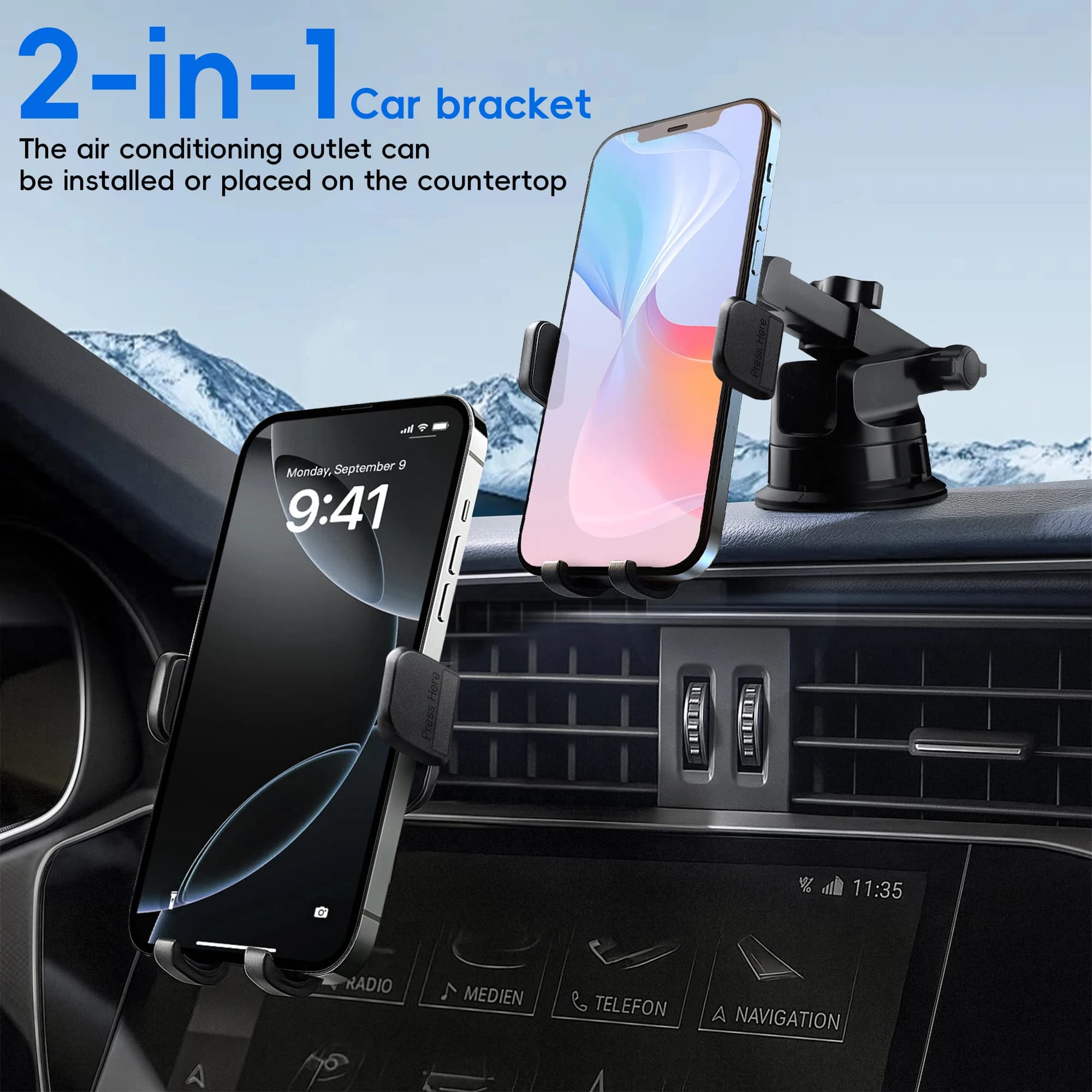 Car phone support 2 in 1 with suction cup, smartphone support, mobile phone, car support, for iPhone, Xiaomi, Huawei, Samsung