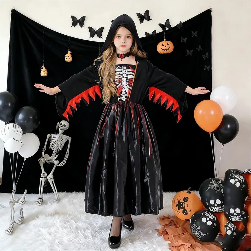 Gothic Vampire Long Dress Costume Red Floral Inner Robe With Flared Sleeves Hooded Skeleton Print Gown And Flame Pattern Hem Dress Classic Stand Collar Matching Decorative Neck Ring For Halloween Gathering Haunted House Event Horror Themed Cosplay Outfit