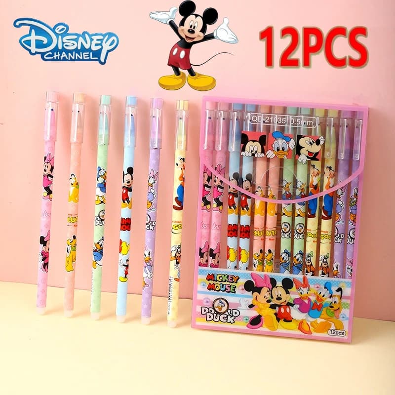 12pcs/box Mickey Mouse Erasable Gel Pens Disney Anime Peripherals School Supplies Cute Stationery Kawaii Black Neutral Pen Gifts