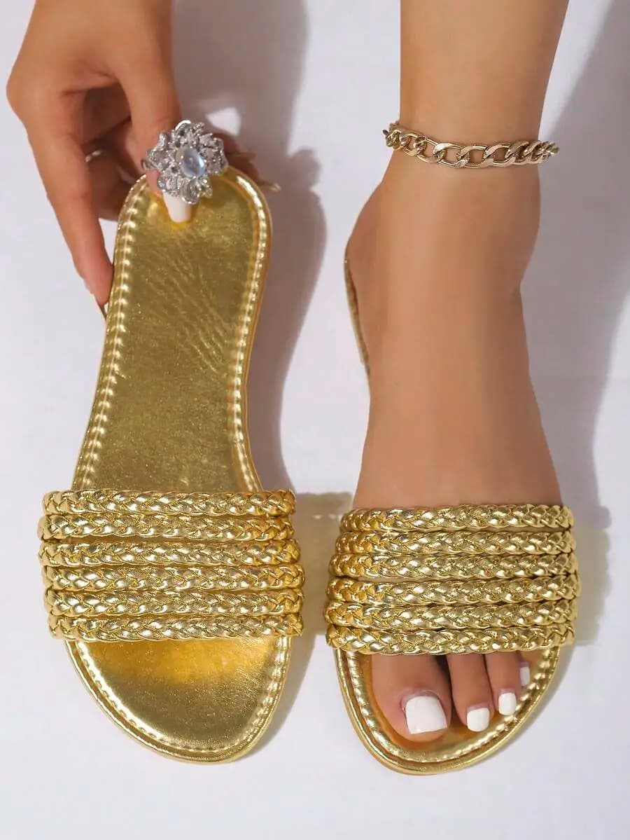 Womens Flat Open Toe Woven Sandals Slip-On Beach Summer Slippers