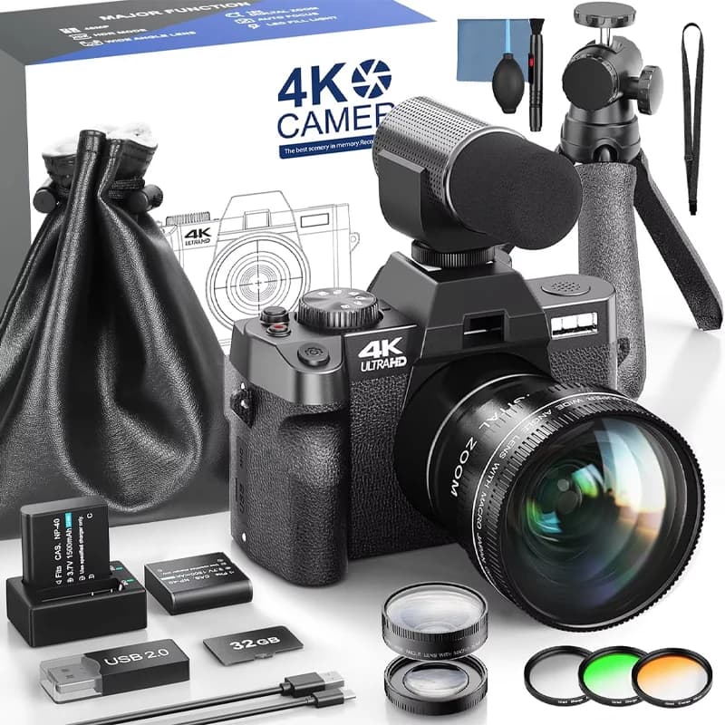 Fotocamera Digitale 4K e 48MP per Fotografia e Vlogging su YouTube con Microfono, WiFi, Filtro a 3 Colori e Impugnatura Treppiede