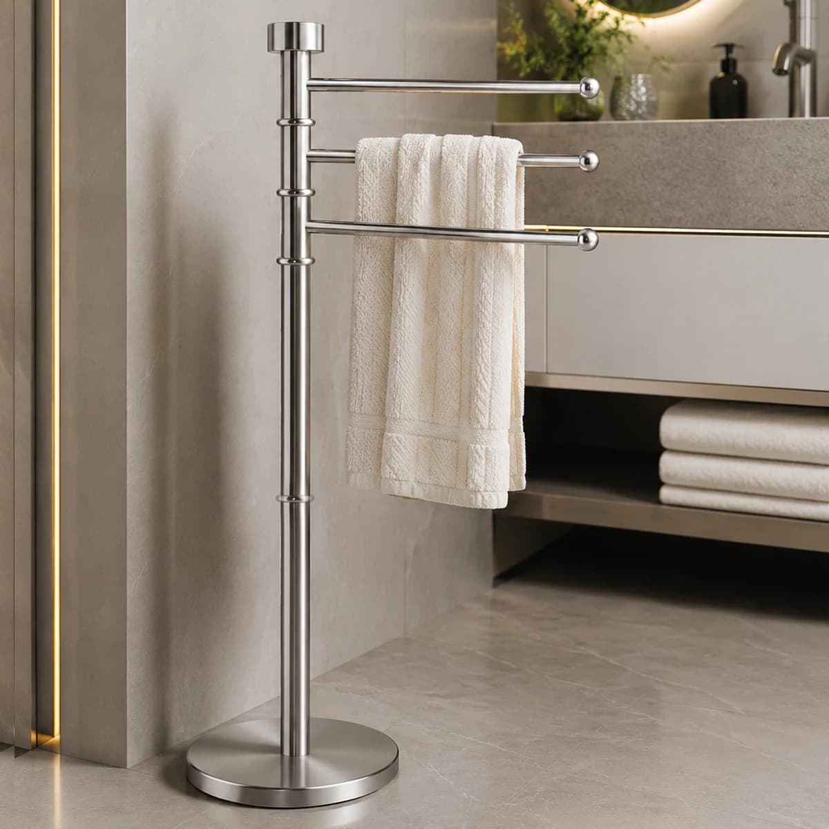Floor Standing 3‑Arms Rotatable Towel Rack, Stainless Steel/ Iron Towel Holder, Freestanding Drying Stand for Bathroom Storage