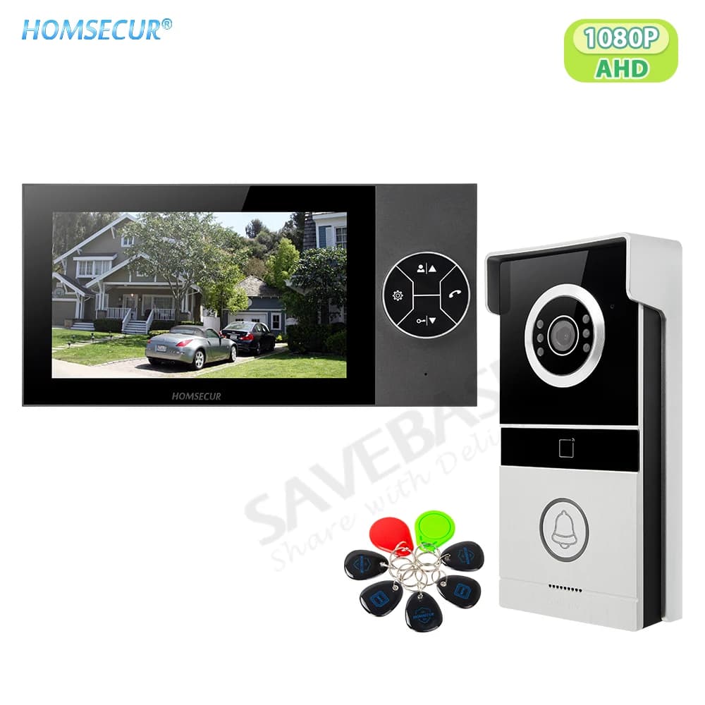 HOMSECUR Videocitofono di sicurezza domestica da 7 pollici Sistema citofonico 4 fili HD 1080P Telecamera per campanello antipioggia 120 ° Angolo di visione Accesso RFID