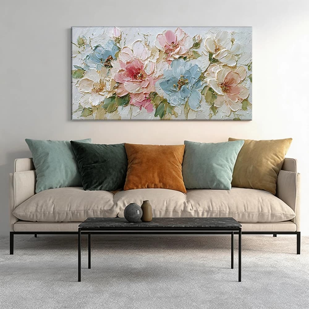 Painted on canvas with large wooden frame, 1 piece, floral oil painting, pastel flowers.