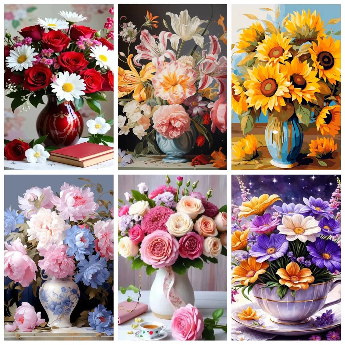Kit di pittura a numeri con rose, girasoli e peonie su tela, per decorare le pareti della casa.