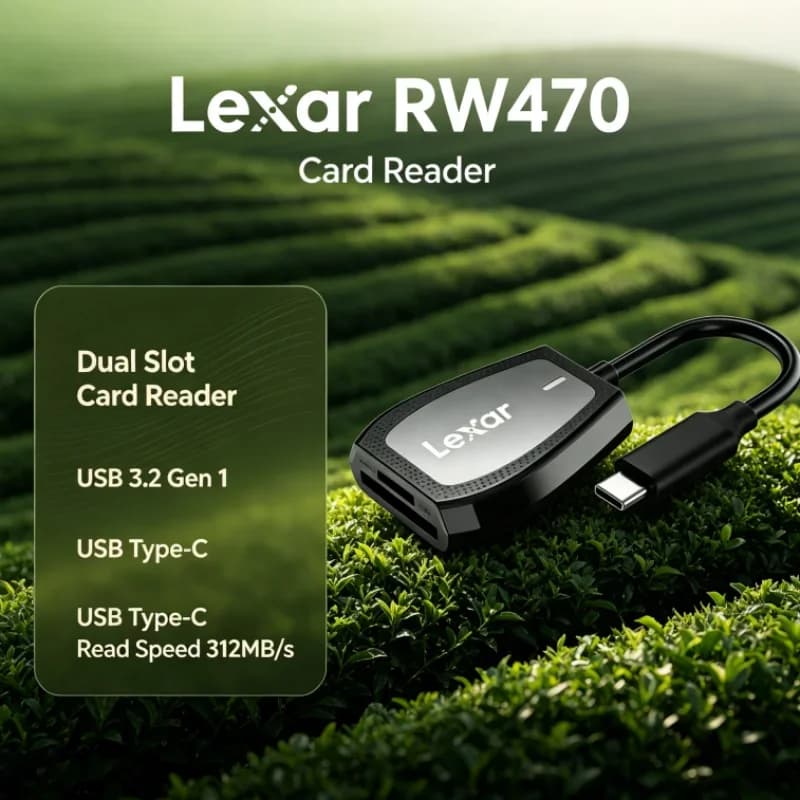 Lexar RW470 Memory Card Reader 2-in-1 Dual Slot Type-C USB 3.2 Gen1 SD microSD UHS-II for Camera Data Transfer